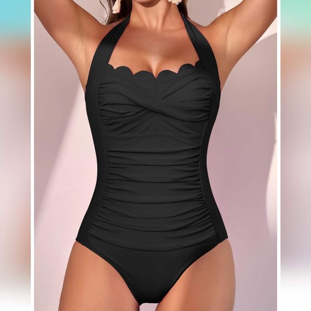 Elegant Black Halter Scallop Trim One-Piece Swimsuit - Picture 4 of 7
